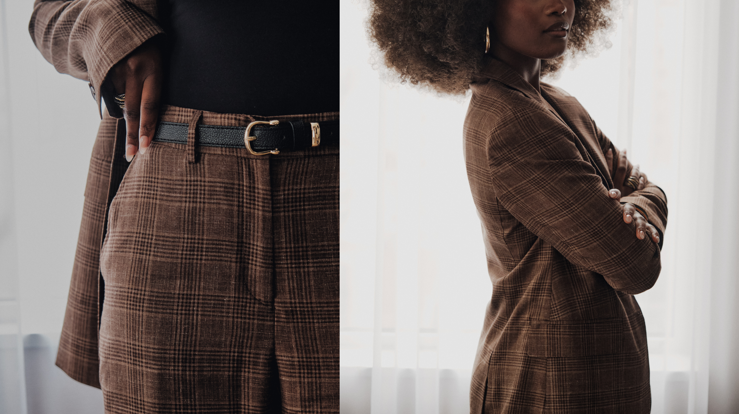 Femme en tailleur sur-mesure en mélange soie et lin à carreaux Piacenza