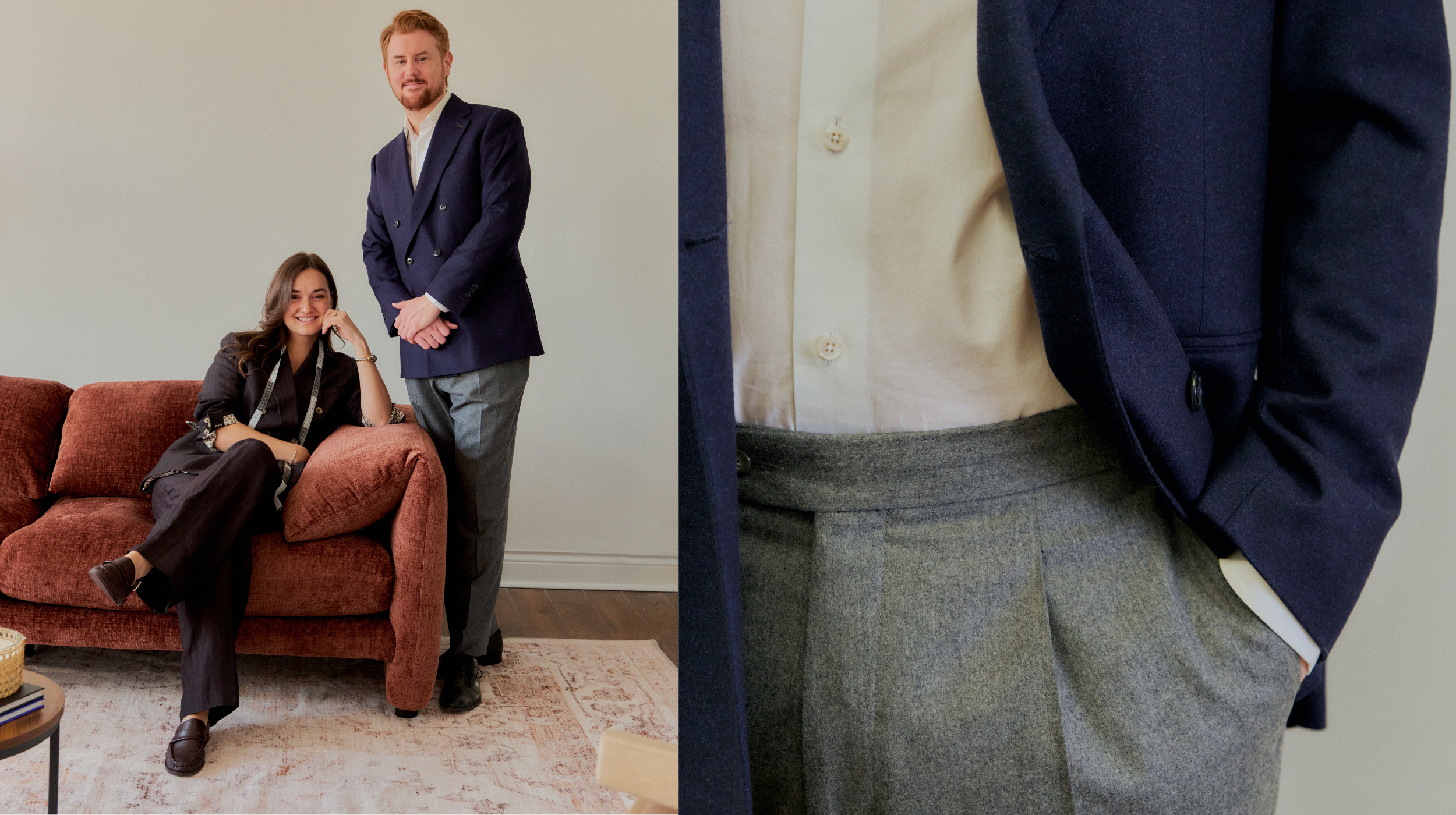 two people in made-to-measure custom suit from Beau Laurieer