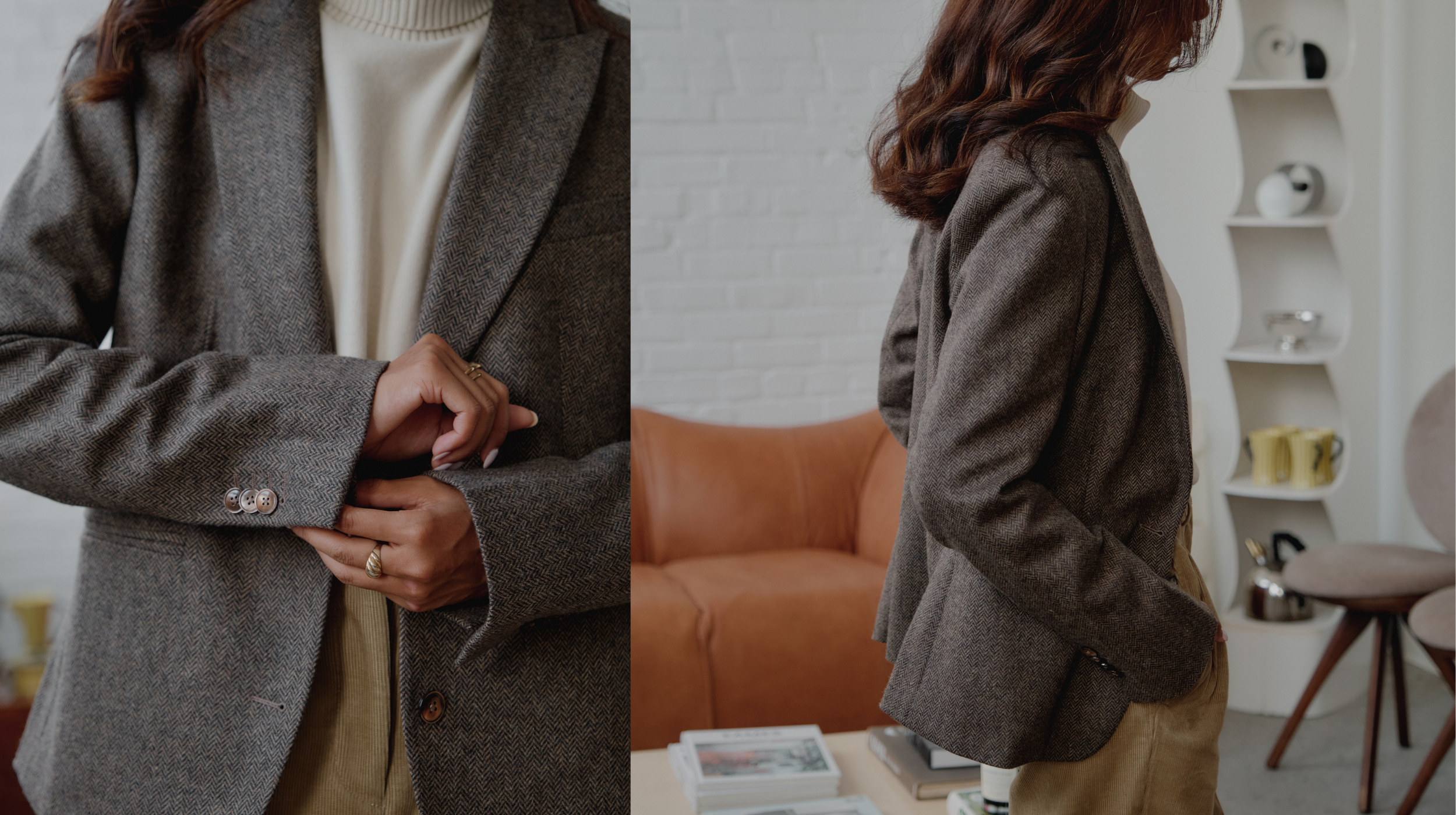 women standing in a brown herringbone wool blazer