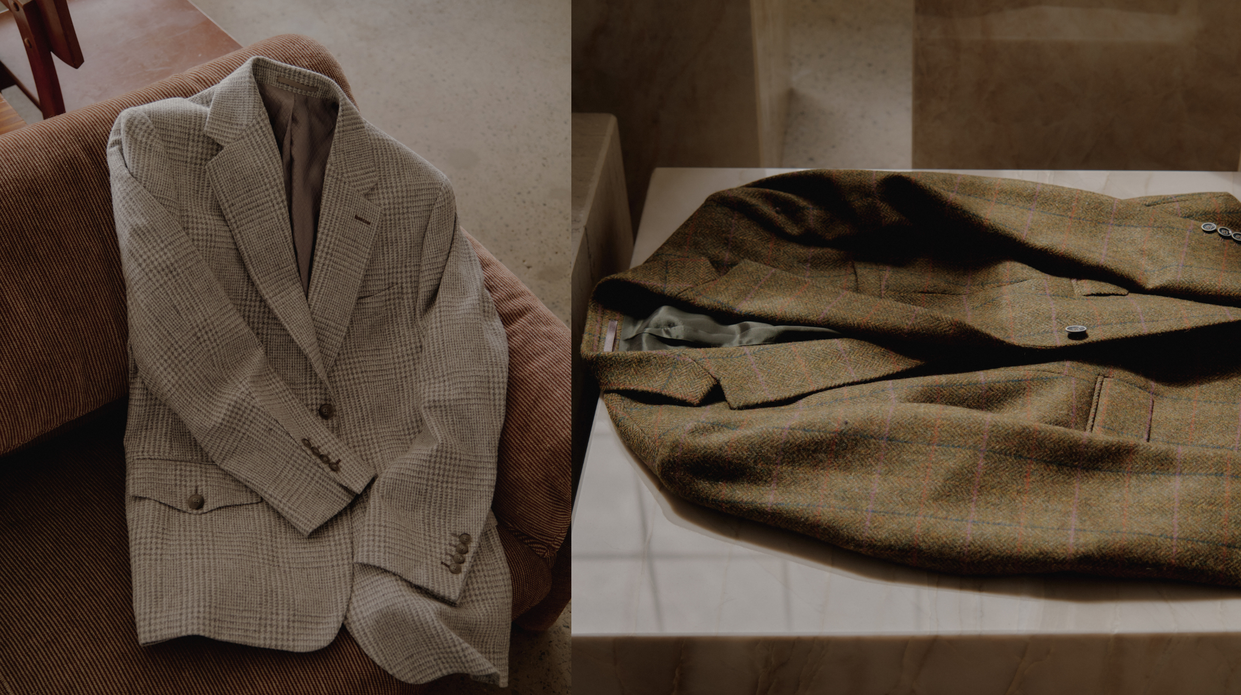 two blazers in thick winter wool with plaid details laid flat 